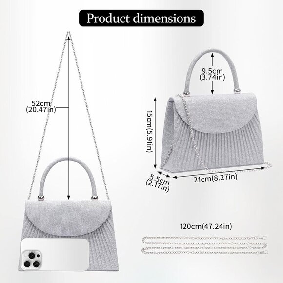 🆕Women’s Silver Glitter Top Handle Evening Handbag w/Chain Crossbody Purse - Picture 4 of 7